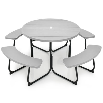 8-Person Outdoor Picnic Table and Bench Set with Umbrella Hole-Black - Gray