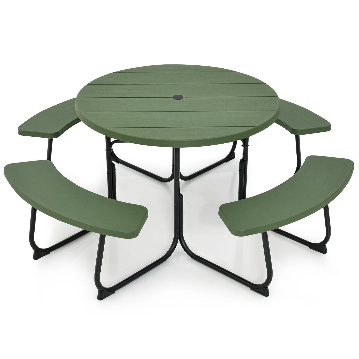 8-Person Outdoor Picnic Table and Bench Set with Umbrella Hole-Black - Green
