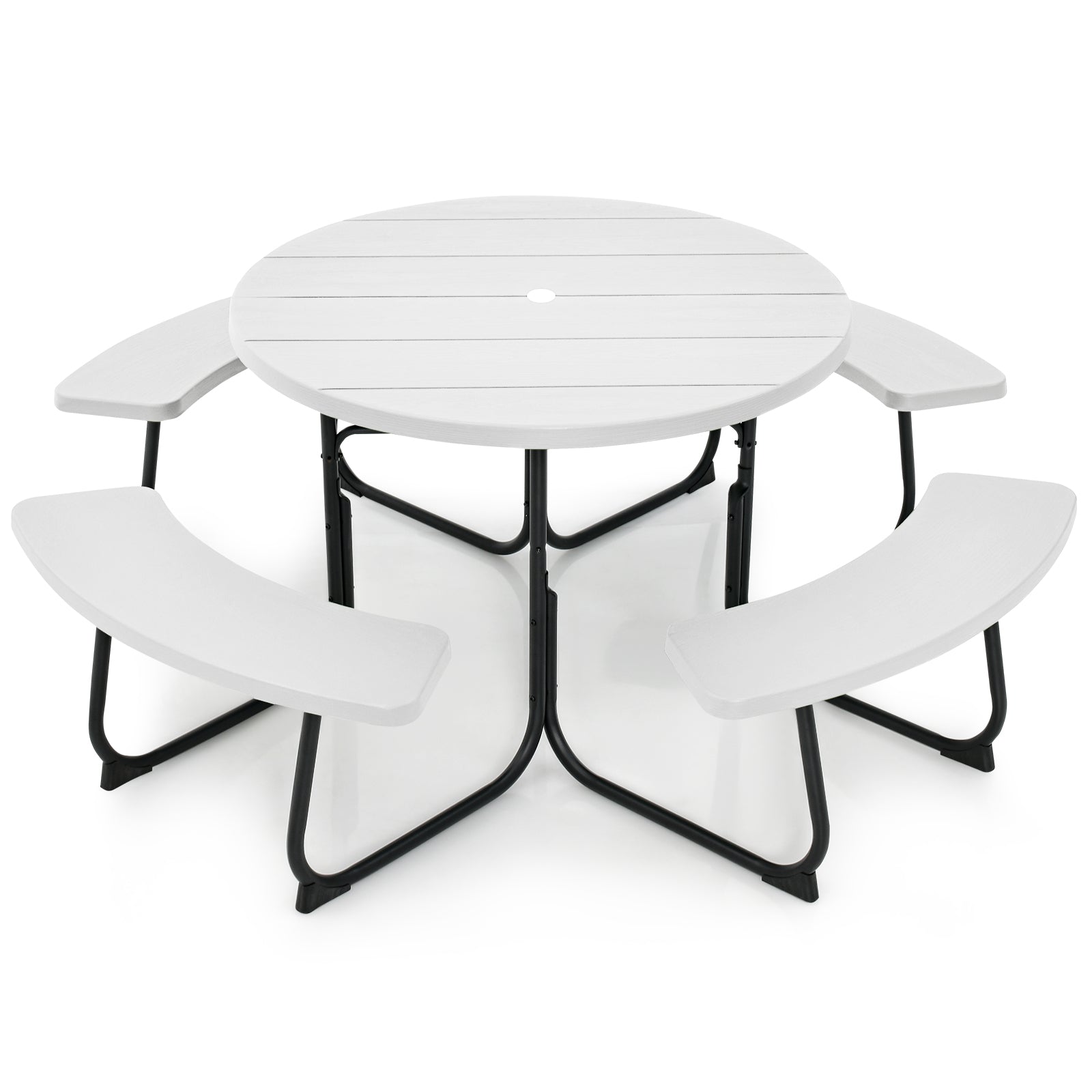 8-Person Outdoor Picnic Table and Bench Set with Umbrella Hole-Black - White