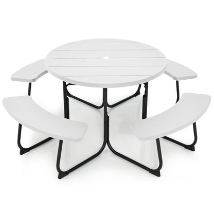 8-Person Outdoor Picnic Table and Bench Set with Umbrella Hole-Black - White