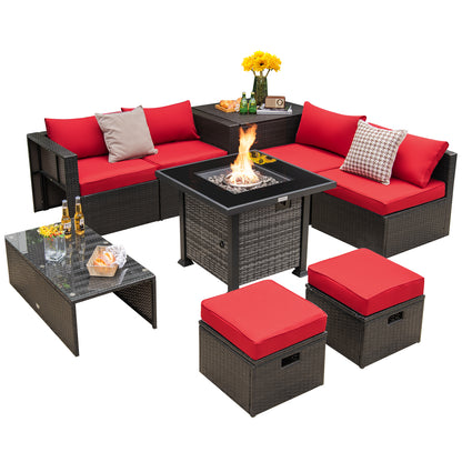 Outdoor 9 Pieces Patio Furniture Set with 50 000 BTU Propane Fire Pit Table-Gray - Red