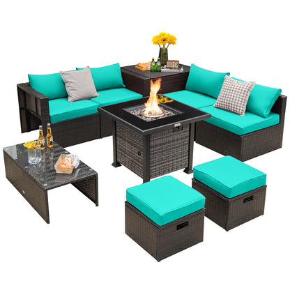 Outdoor 9 Pieces Patio Furniture Set with 50 000 BTU Propane Fire Pit Table-Gray - Turquoise