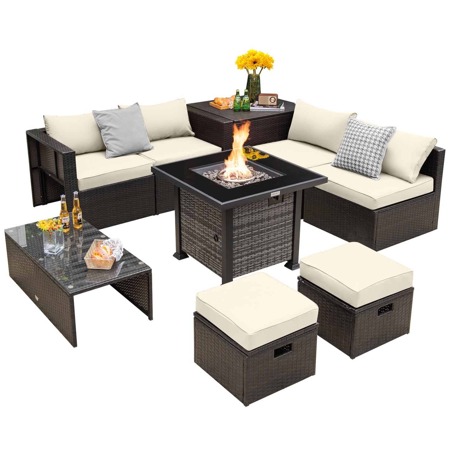 Outdoor 9 Pieces Patio Furniture Set with 50 000 BTU Propane Fire Pit Table-Gray - Off White