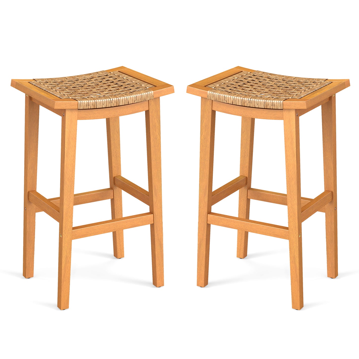 Outdoor Acacia Wood Bar Stools Set of 2 with PE Rattan Seats and Backrests