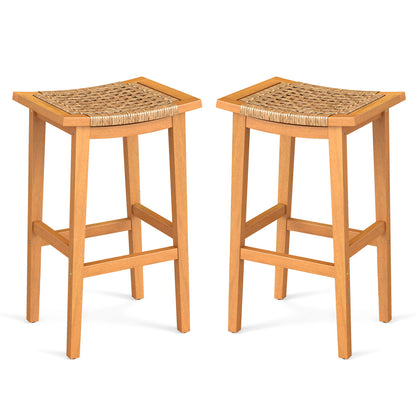 Outdoor Acacia Wood Bar Stools Set of 2 with PE Rattan Seats and Backrests