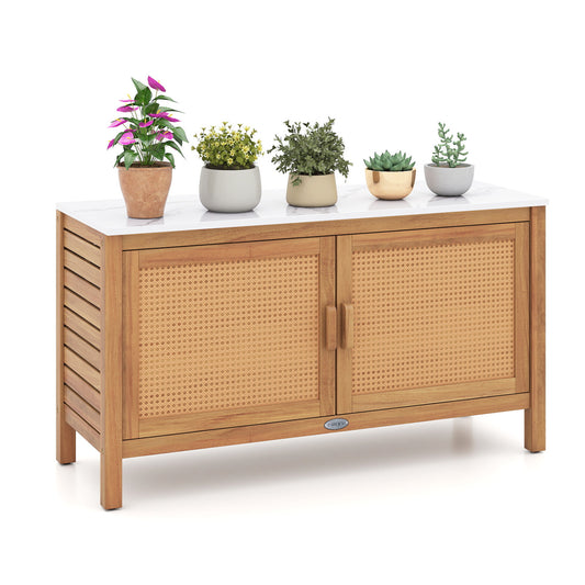 Outdoor Acacia Wood Storage Cabinet Outside Tool Cabinet with Fax Marble Top
