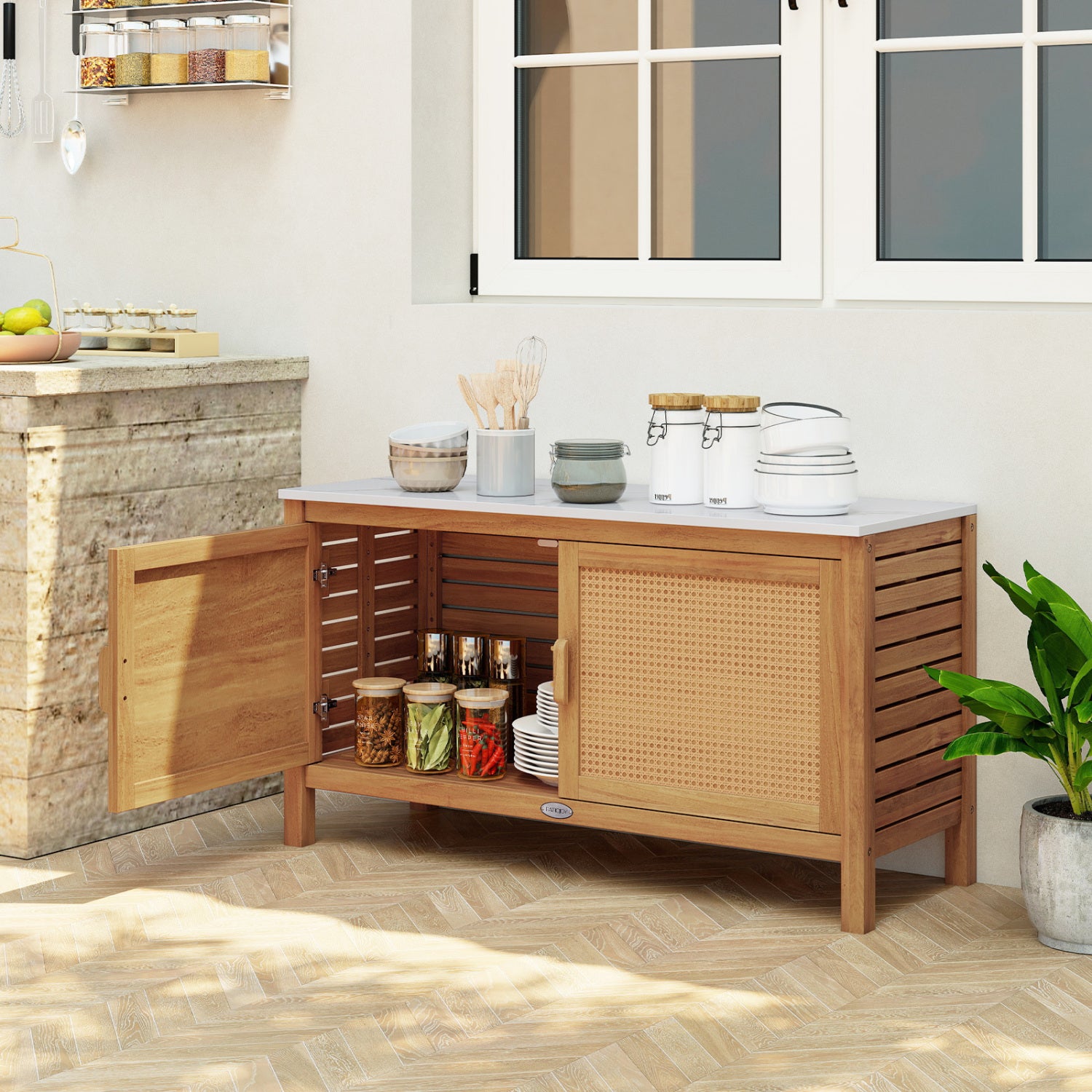 Outdoor Acacia Wood Storage Cabinet Outside Tool Cabinet with Fax Marble Top