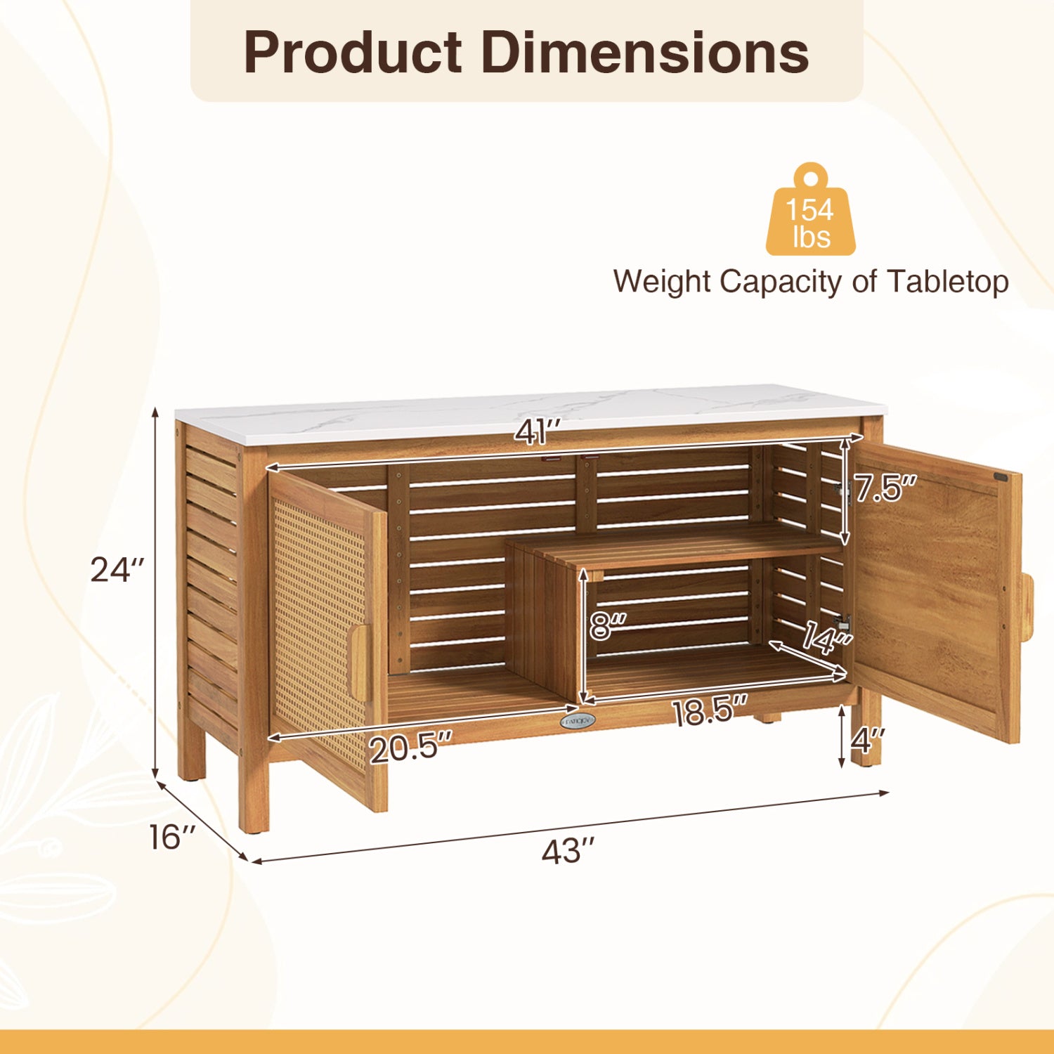 Outdoor Acacia Wood Storage Cabinet Outside Tool Cabinet with Fax Marble Top