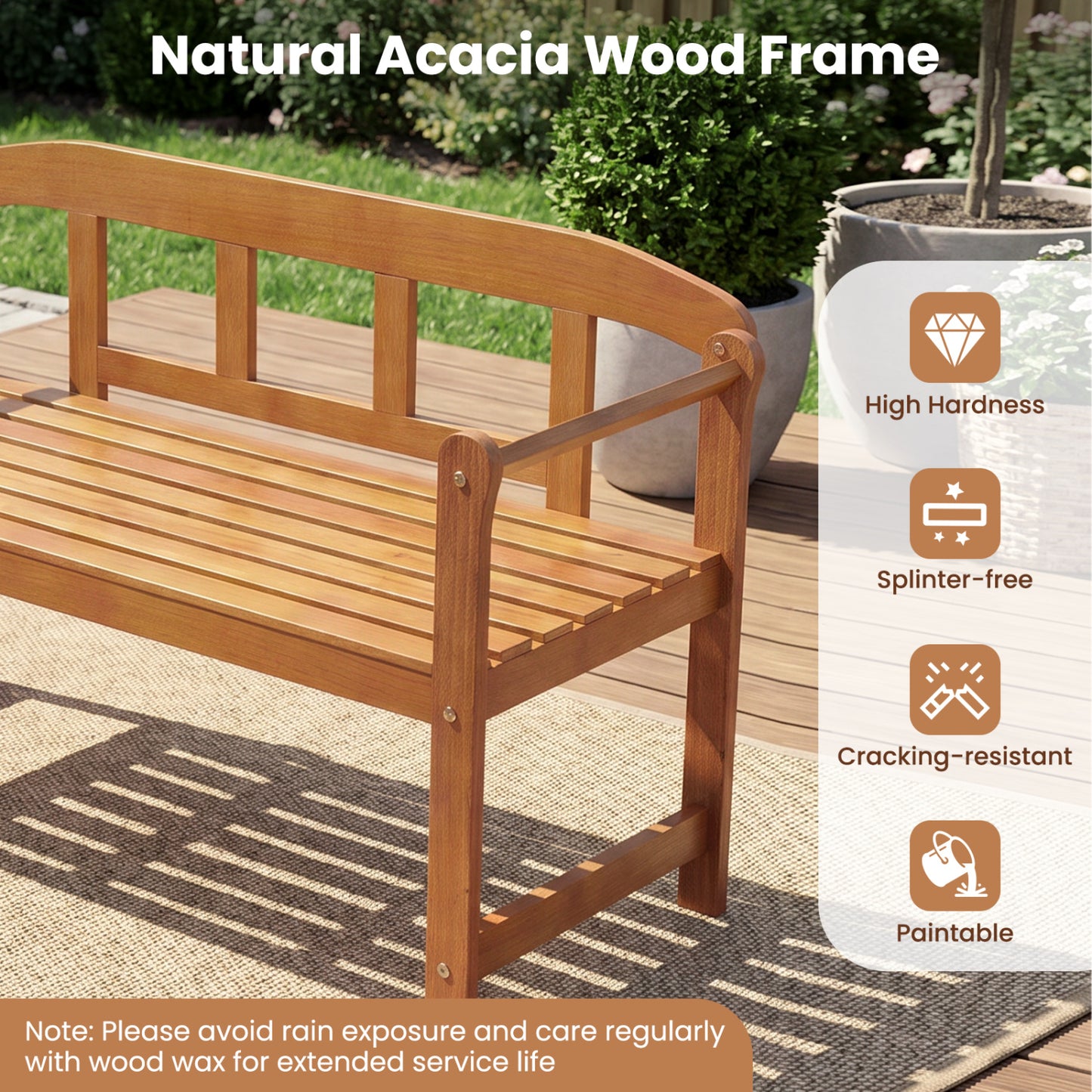 2-Seater Acacia Wood Garden Bench with Backrest & Armrests