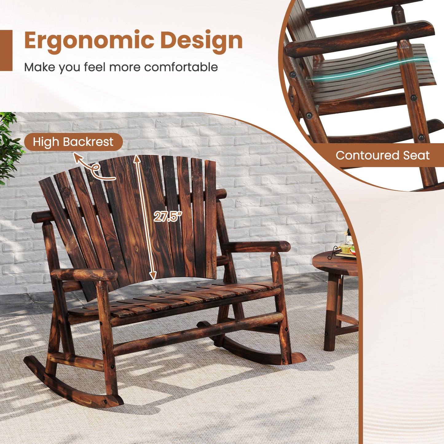 Outdoor Adirondack Rocking Chair for Adults with High Back and Slatted Seat-Brown