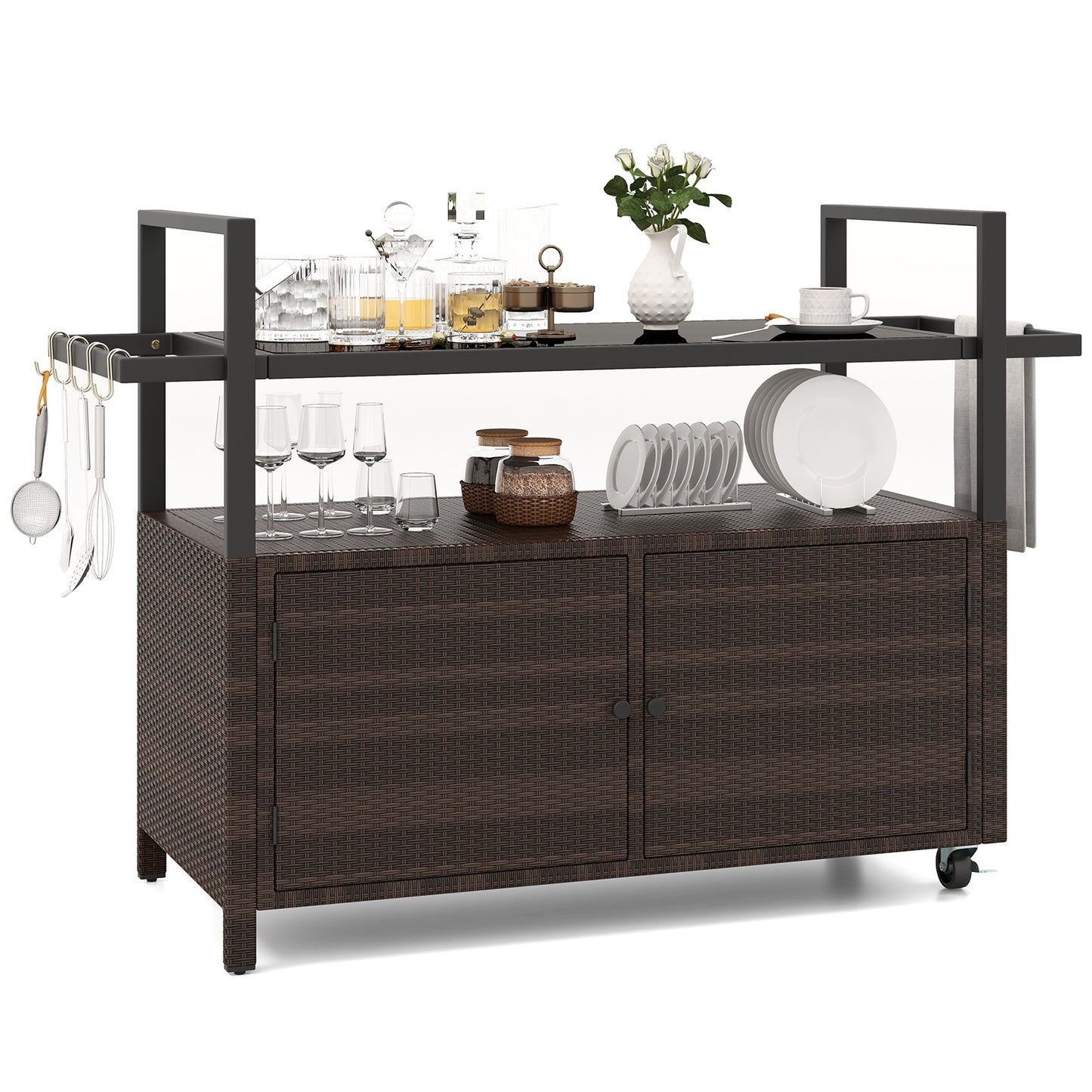Outdoor Bar Cart Wicker Buffet Serving Cart with Cabinet and 8 Hooks-Black - Brown