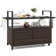 Outdoor Bar Cart Wicker Buffet Serving Cart with Cabinet and 8 Hooks-Black - Brown