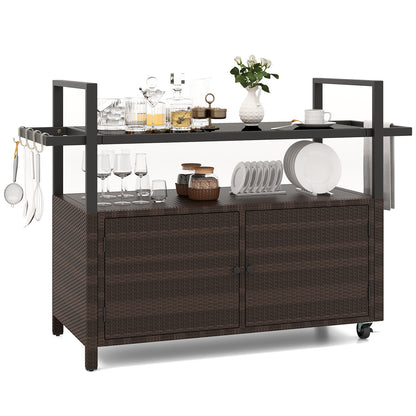 Outdoor Bar Cart Wicker Buffet Serving Cart with Cabinet and 8 Hooks-Black - Brown