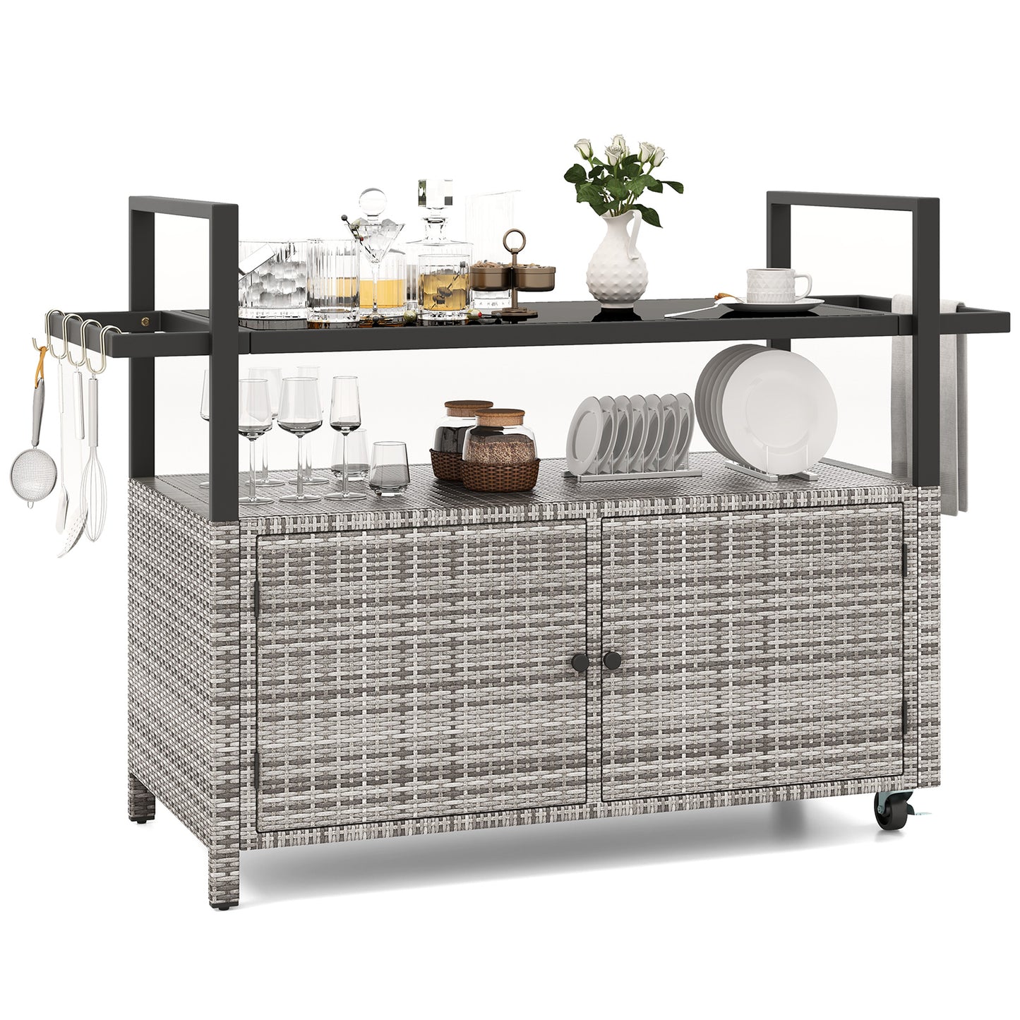 Outdoor Bar Cart Wicker Buffet Serving Cart with Cabinet and 8 Hooks-Black - Gray