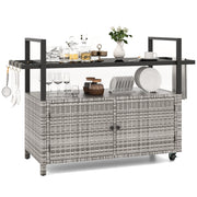 Outdoor Bar Cart Wicker Buffet Serving Cart with Cabinet and 8 Hooks-Black - Gray