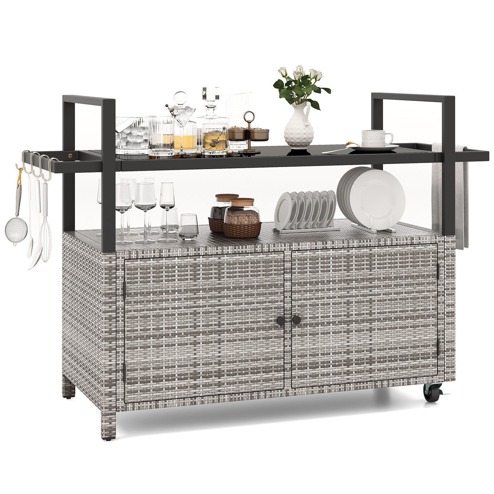 Outdoor Bar Cart Wicker Buffet Serving Cart with Cabinet and 8 Hooks-Black - Gray