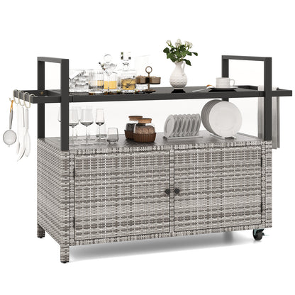 Outdoor Bar Cart Wicker Buffet Serving Cart with Cabinet and 8 Hooks-Black - Gray