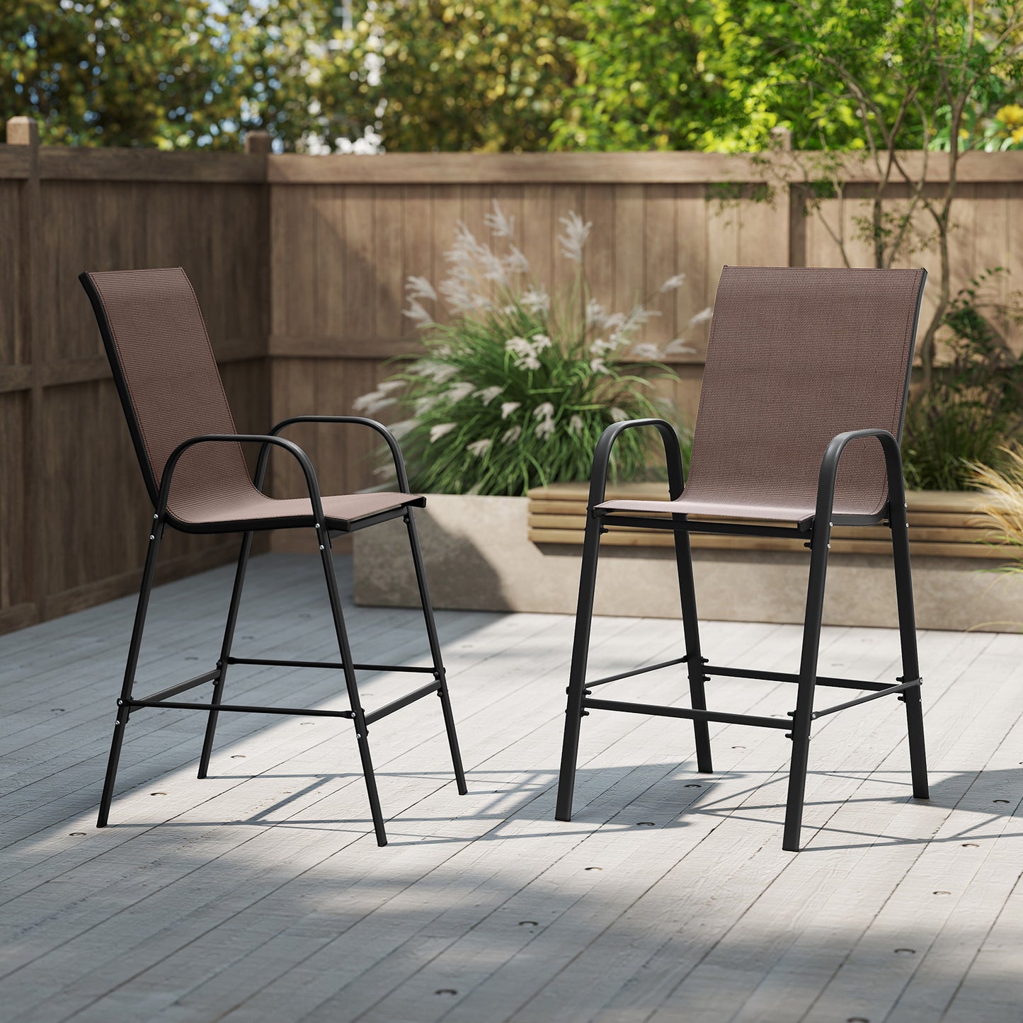Outdoor Bar Stools Set of 2 29 Inch Fabric Bar Height Stools with Armrests-Brown