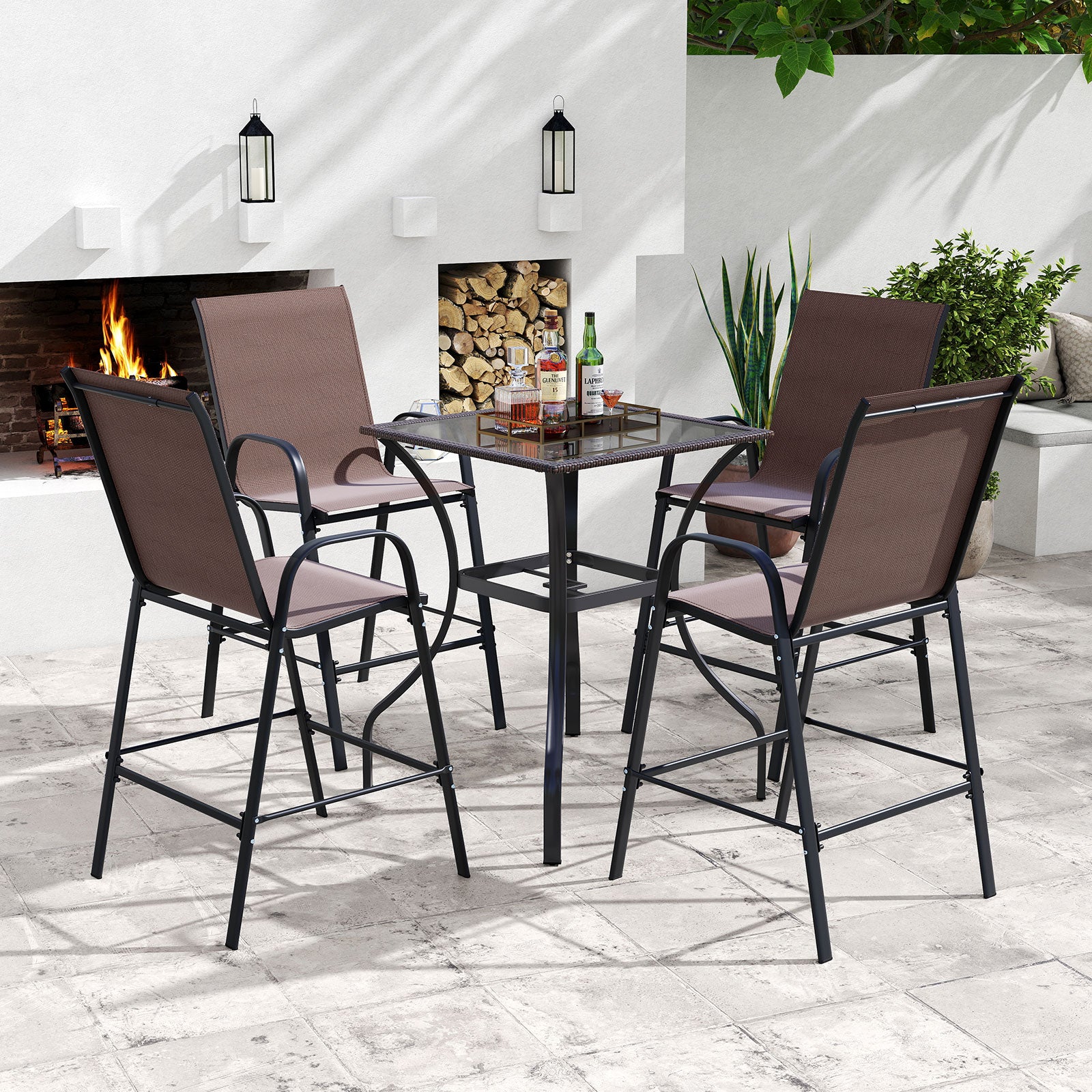 Outdoor Bar Stools Set of 2 29 Inch Fabric Bar Height Stools with Armrests-Brown
