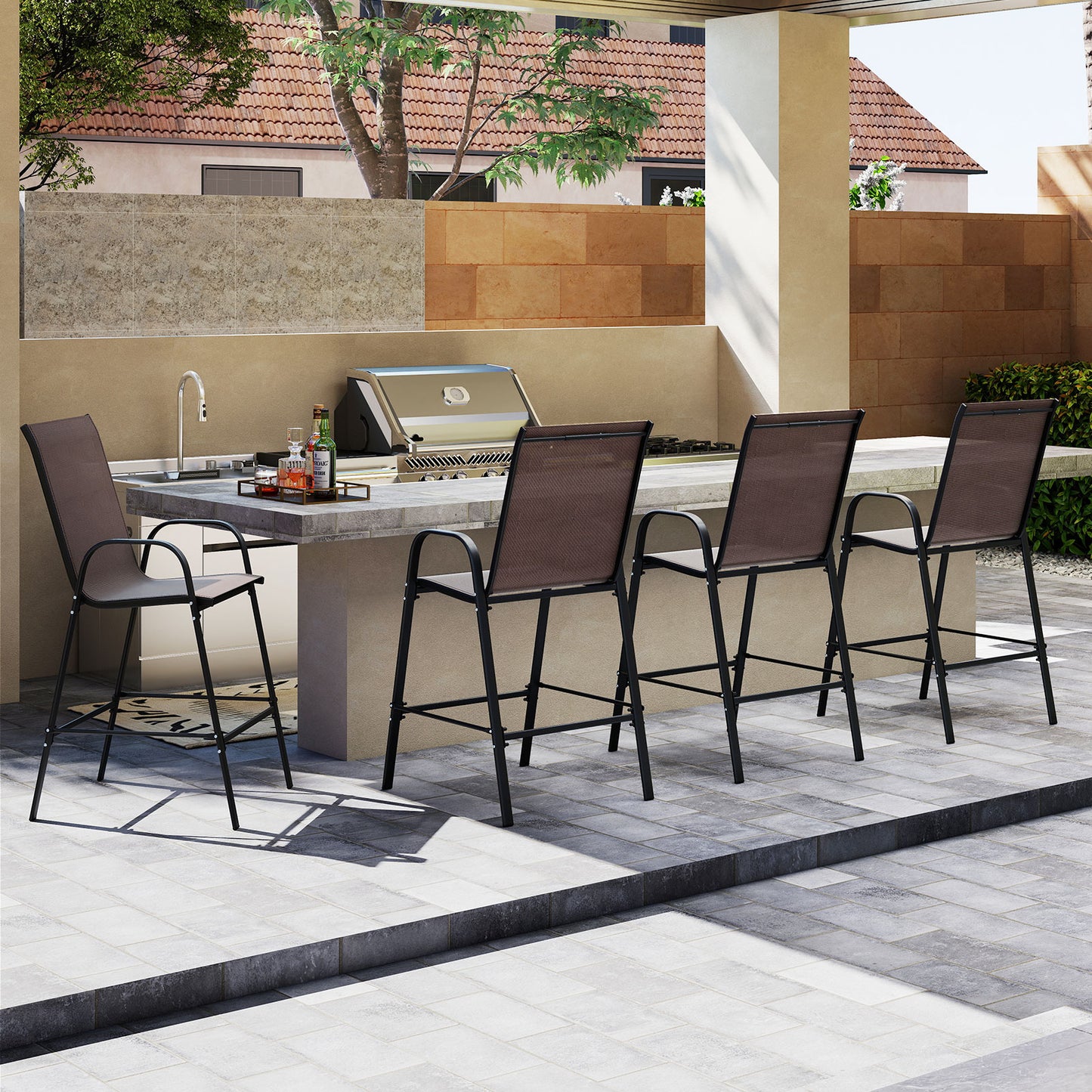 Outdoor Bar Stools Set of 2 29 Inch Fabric Bar Height Stools with Armrests-Brown