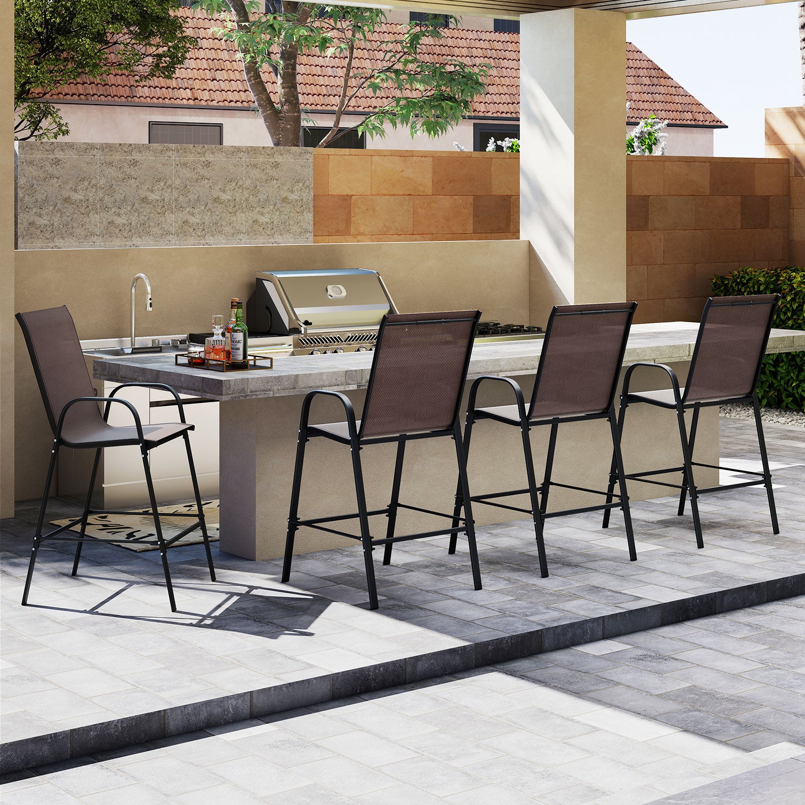 Outdoor Bar Stools Set of 2 29 Inch Fabric Bar Height Stools with Armrests-Brown