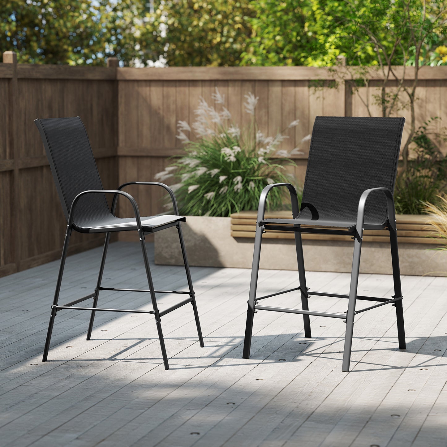 Outdoor Bar Stools Set of 2 29 Inch Fabric Bar Height Stools with Armrests-Black