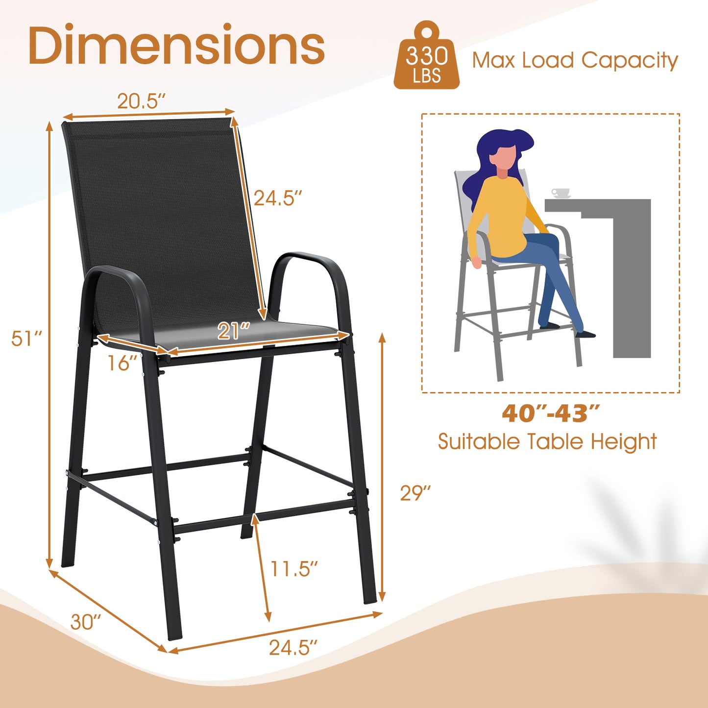 Outdoor Bar Stools Set of 2 29 Inch Fabric Bar Height Stools with Armrests-Black