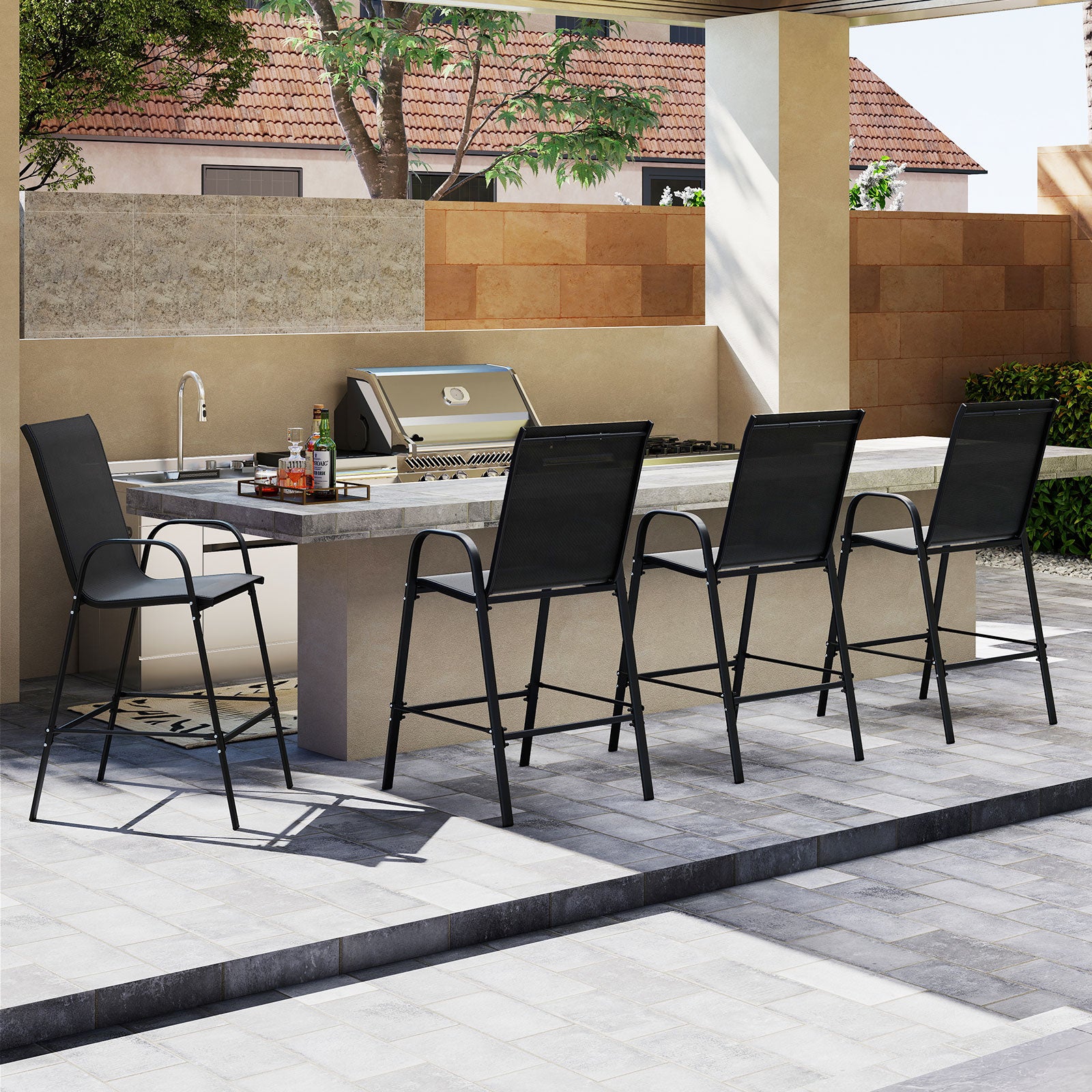 Outdoor Bar Stools Set of 2 29 Inch Fabric Bar Height Stools with Armrests-Black