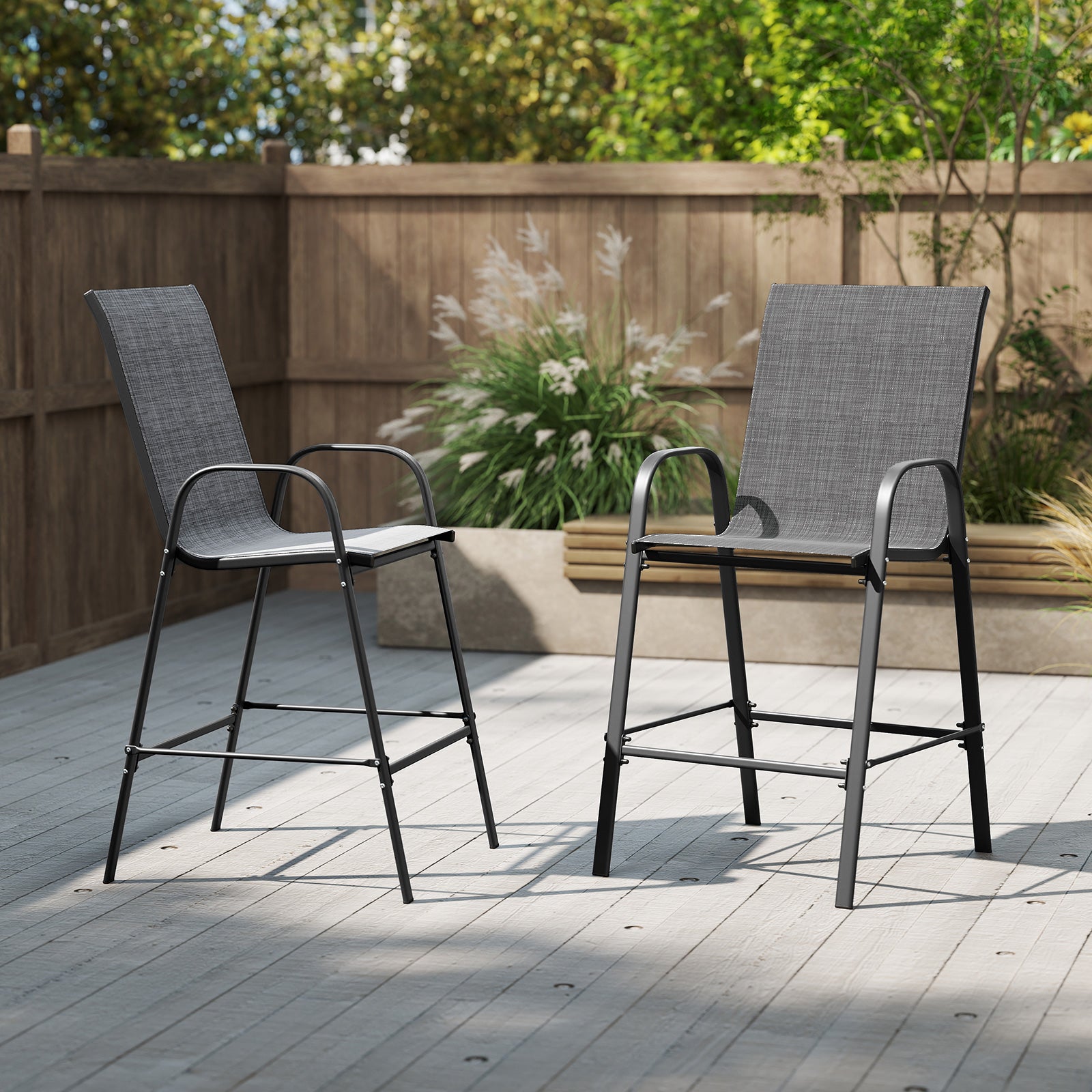 Outdoor Bar Stools Set of 2 29 Inch Fabric Bar Height Stools with Armrests-Grey