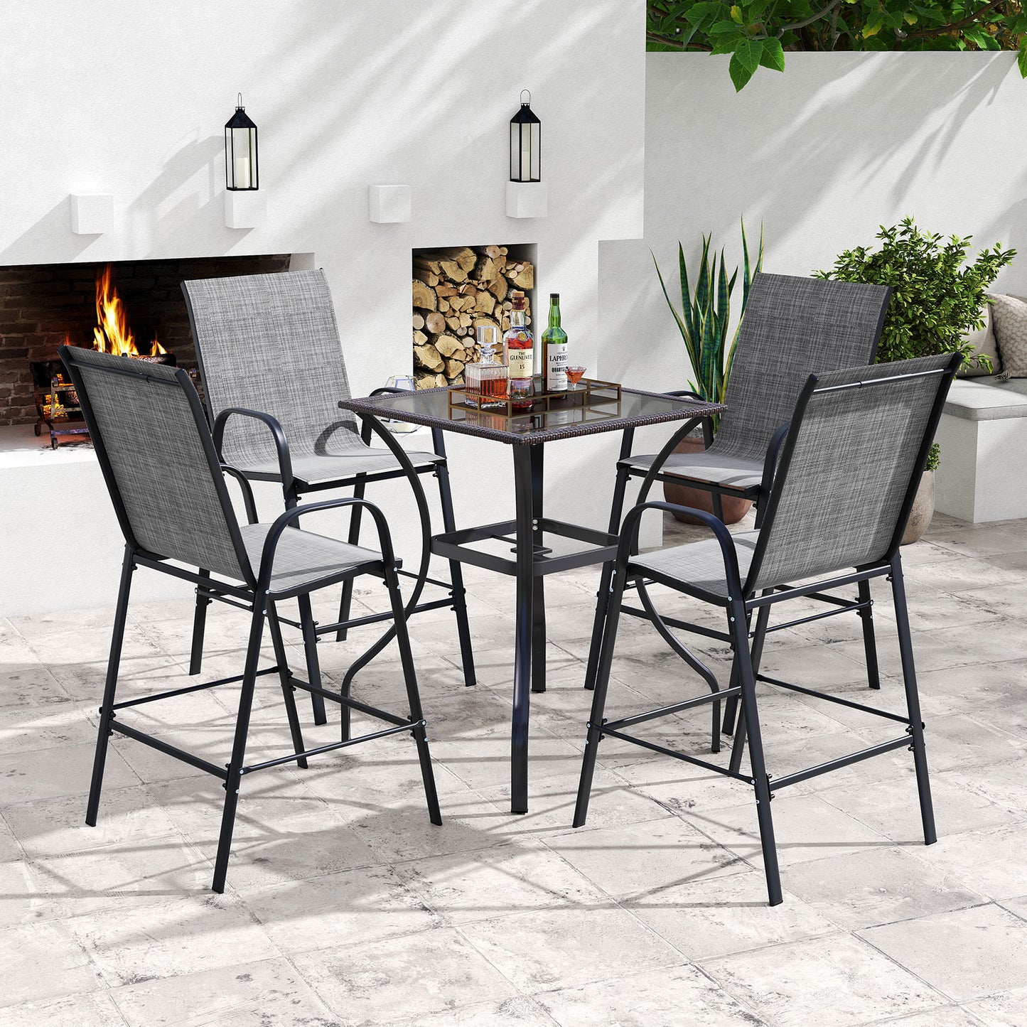 Outdoor Bar Stools Set of 2 29 Inch Fabric Bar Height Stools with Armrests-Grey