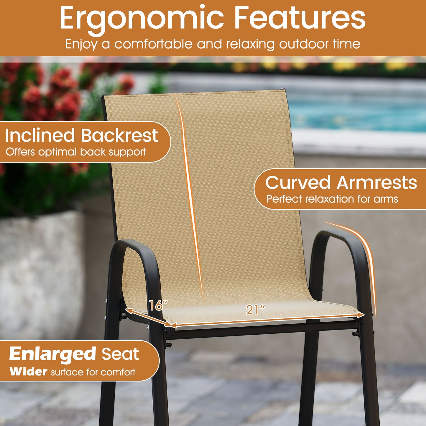 Outdoor Bar Stools Set of 2 29 Inch Fabric Bar Height Stools with Armrests-Beige