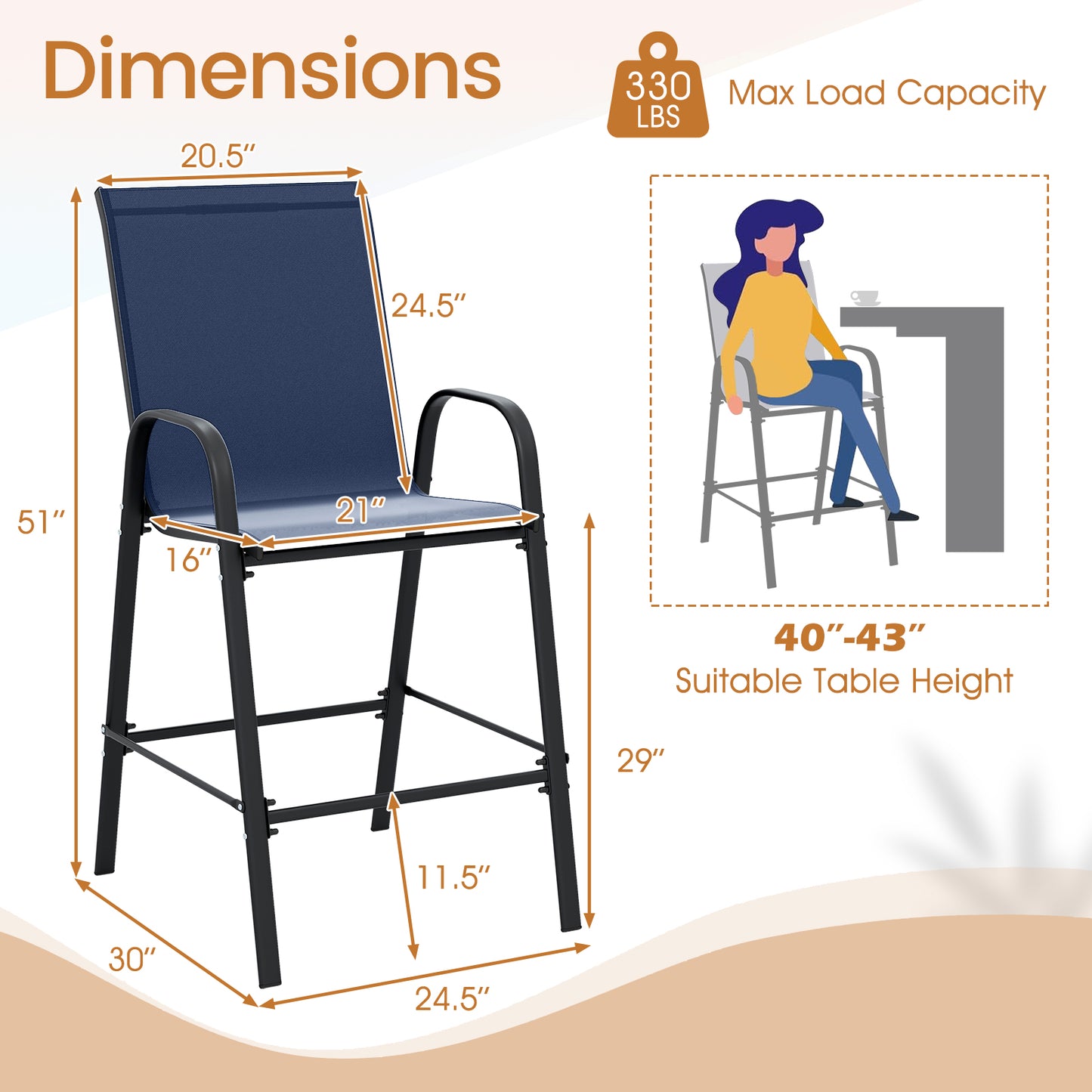 Outdoor Bar Stools Set of 2 29 Inch Fabric Bar Height Stools with Armrests-Navy
