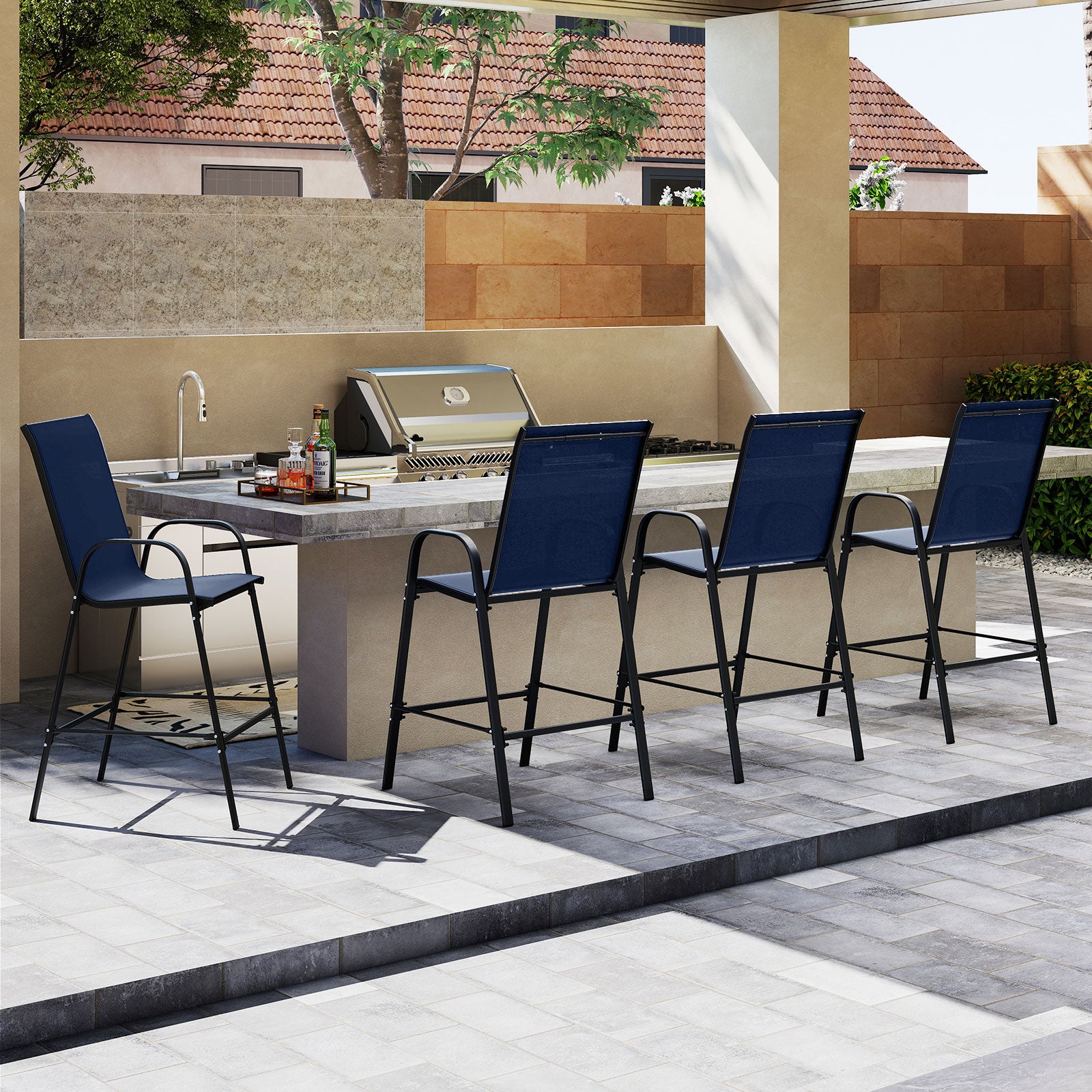 Outdoor Bar Stools Set of 2 29 Inch Fabric Bar Height Stools with Armrests-Navy