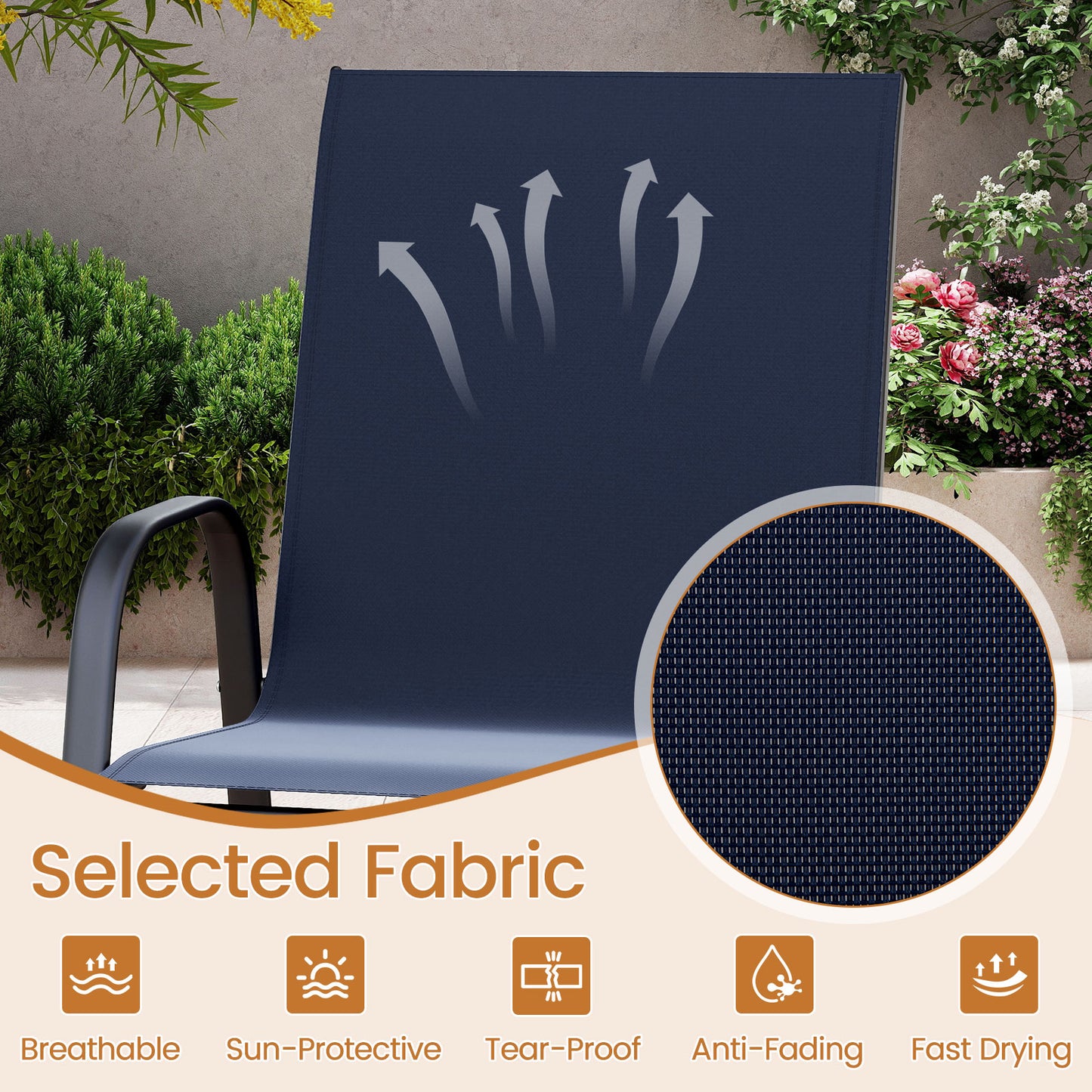 Outdoor Bar Stools Set of 2 29 Inch Fabric Bar Height Stools with Armrests-Navy