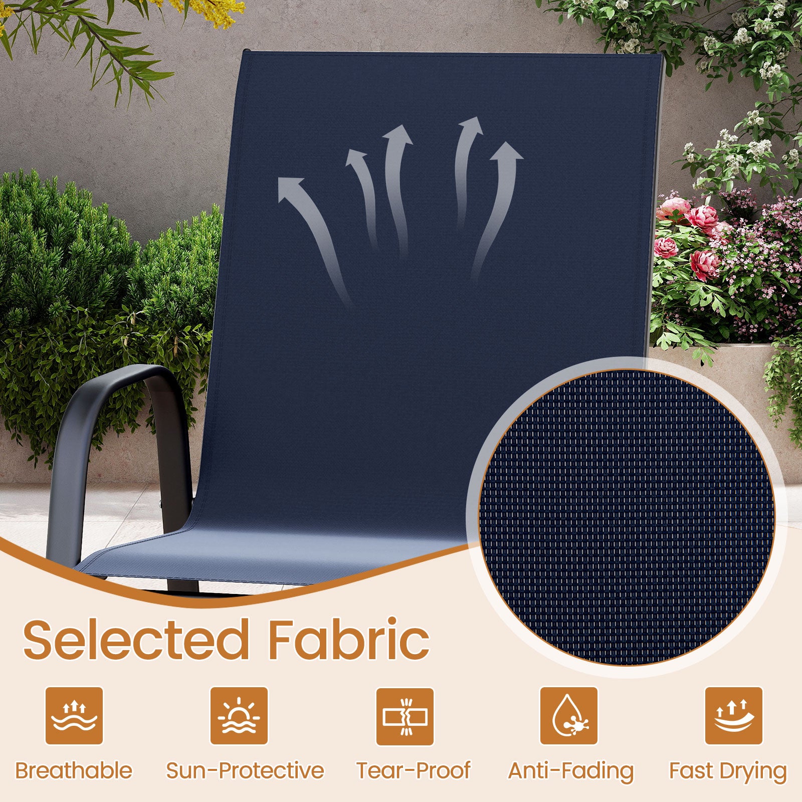 Outdoor Bar Stools Set of 2 29 Inch Fabric Bar Height Stools with Armrests-Navy