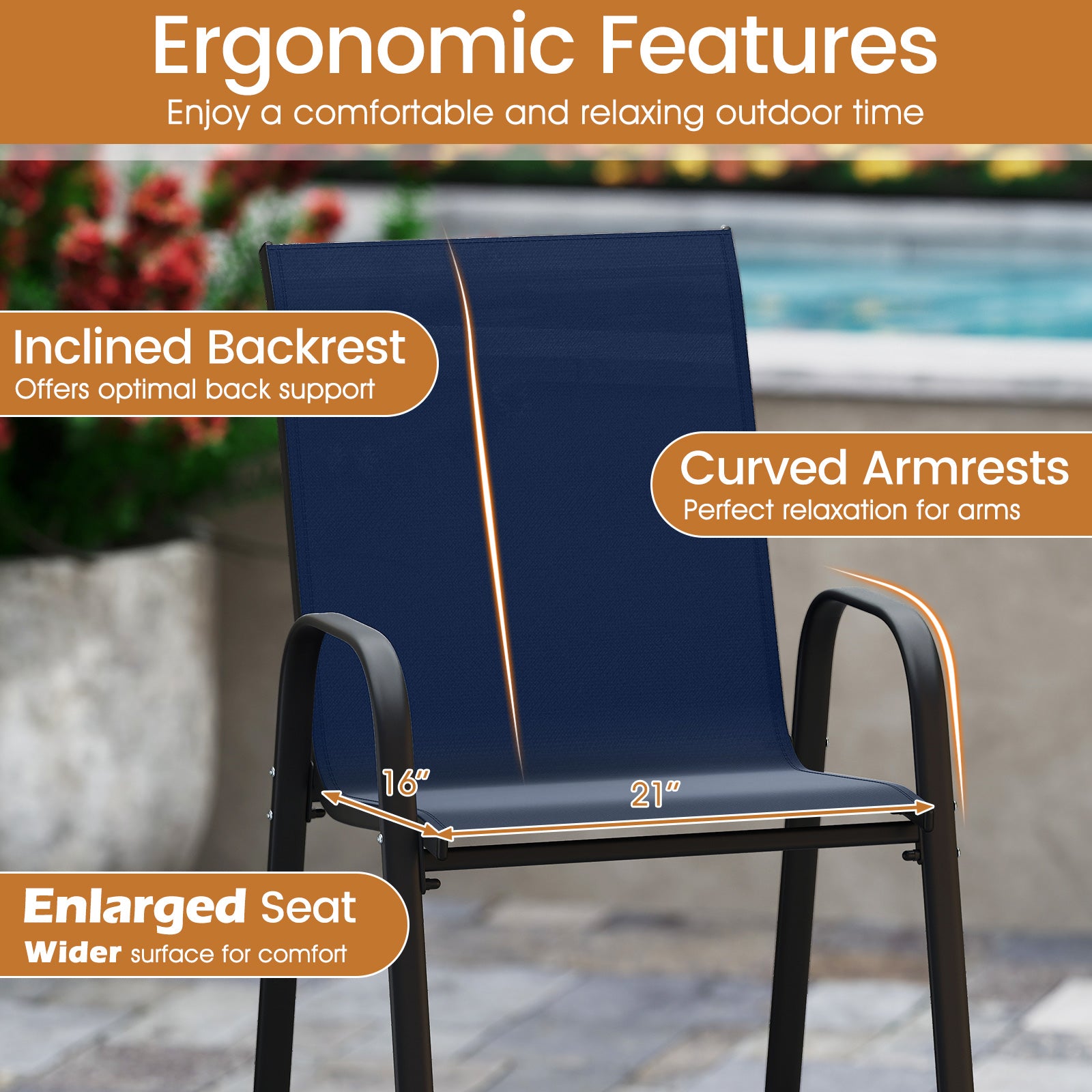Outdoor Bar Stools Set of 2 29 Inch Fabric Bar Height Stools with Armrests-Navy