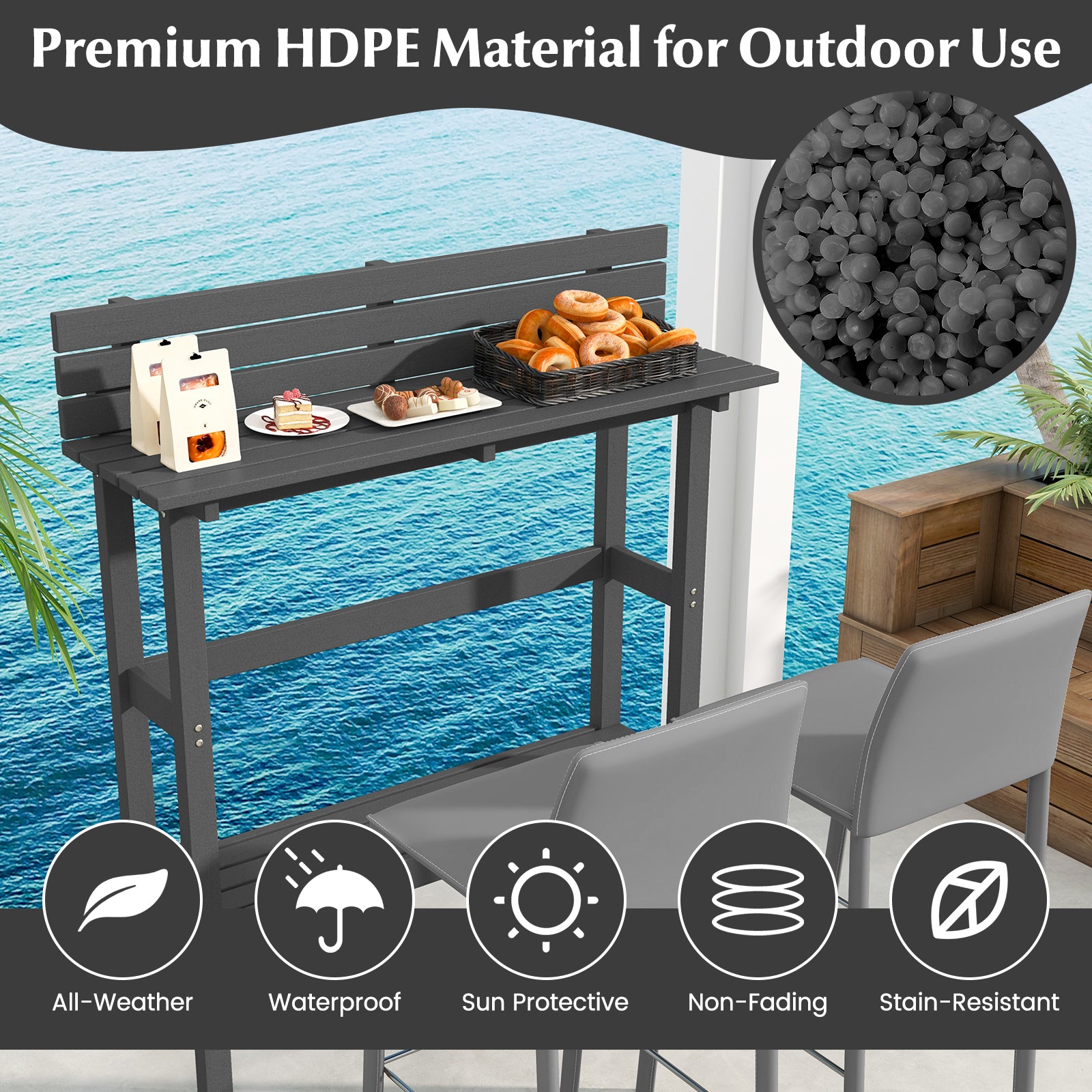 48 Inch Patio Pub Height Table with Storage Shelf and Adjustable Foot Pads-Gray
