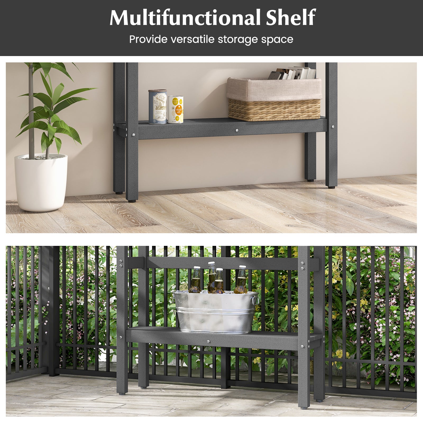 48 Inch Patio Pub Height Table with Storage Shelf and Adjustable Foot Pads-Gray