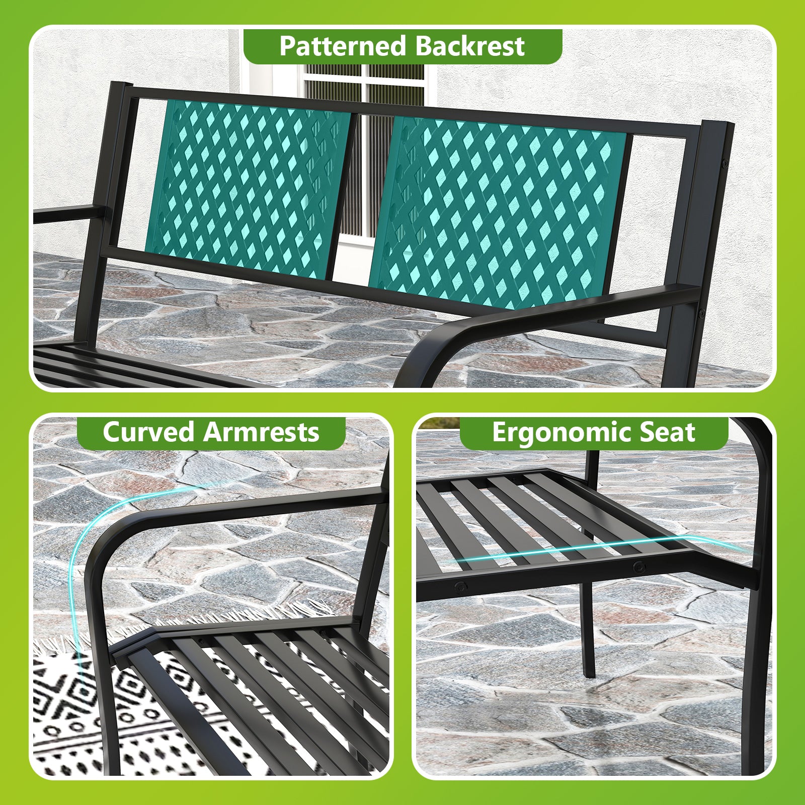 Outdoor Bench Metal Loveseat Patio Bench for 2-3-Person-Black