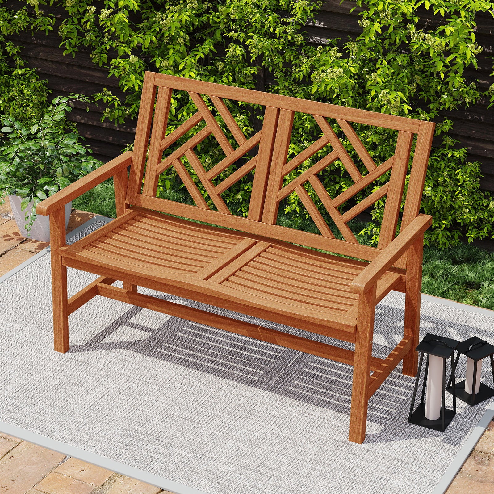 Outdoor Bench Wood 2-Person Patio Loveseat Chair with Geometric Backrest
