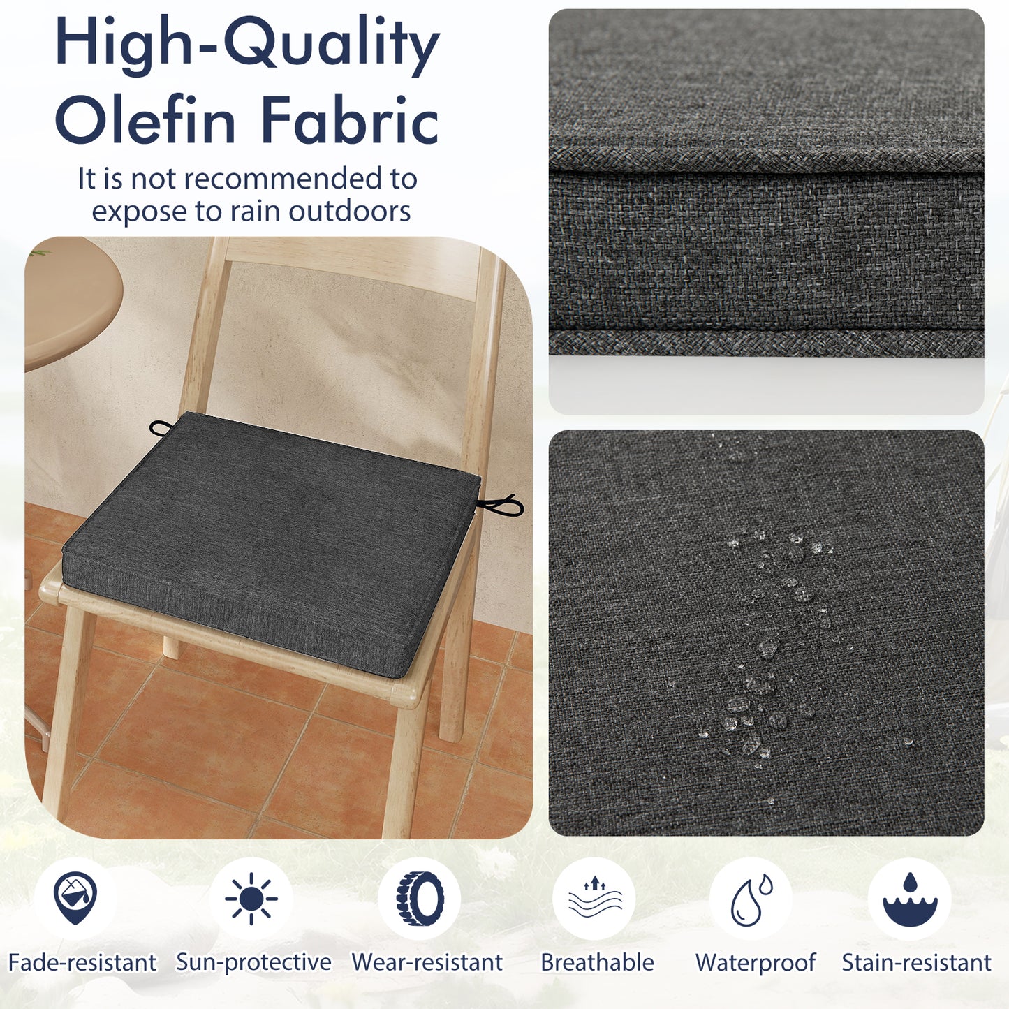 Outdoor Chair Cushion Set of 2 Waterproof Fade-Resistant Olefin Seat Cushions