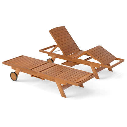 Outdoor Chaise Lounge Chair with Wheels 4-Position Patio Wood Recliner with Adjustable Backrest