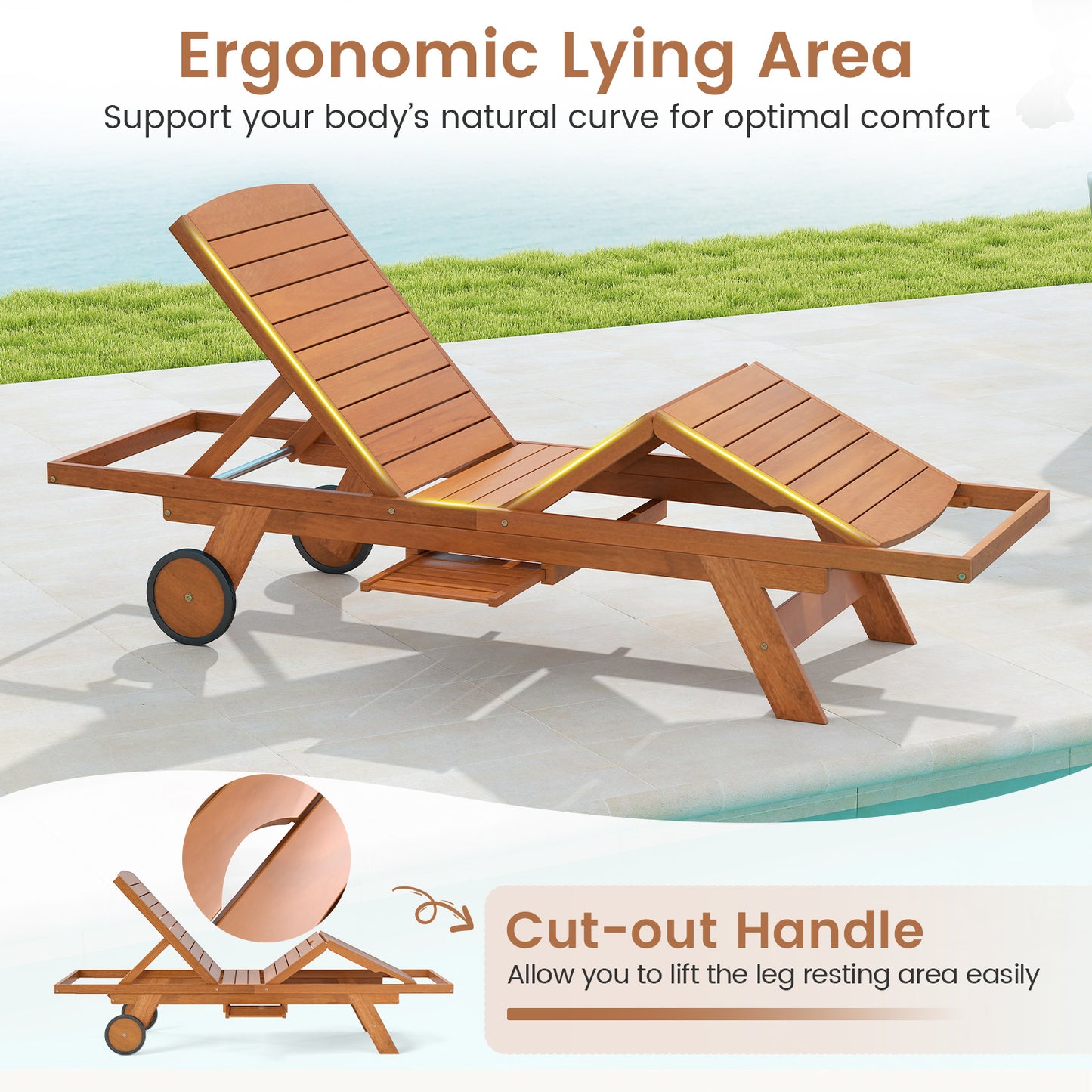 Outdoor Chaise Lounge Chair with Wheels 4-Position Patio Wood Recliner with Adjustable Backrest