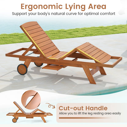 Outdoor Chaise Lounge Chair with Wheels 4-Position Patio Wood Recliner with Adjustable Backrest