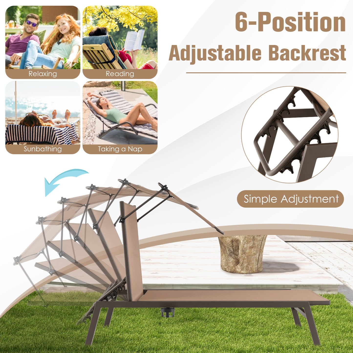 Outdoor Chaise Lounge Chair with Sunshade and 6 Adjustable Position-Brown