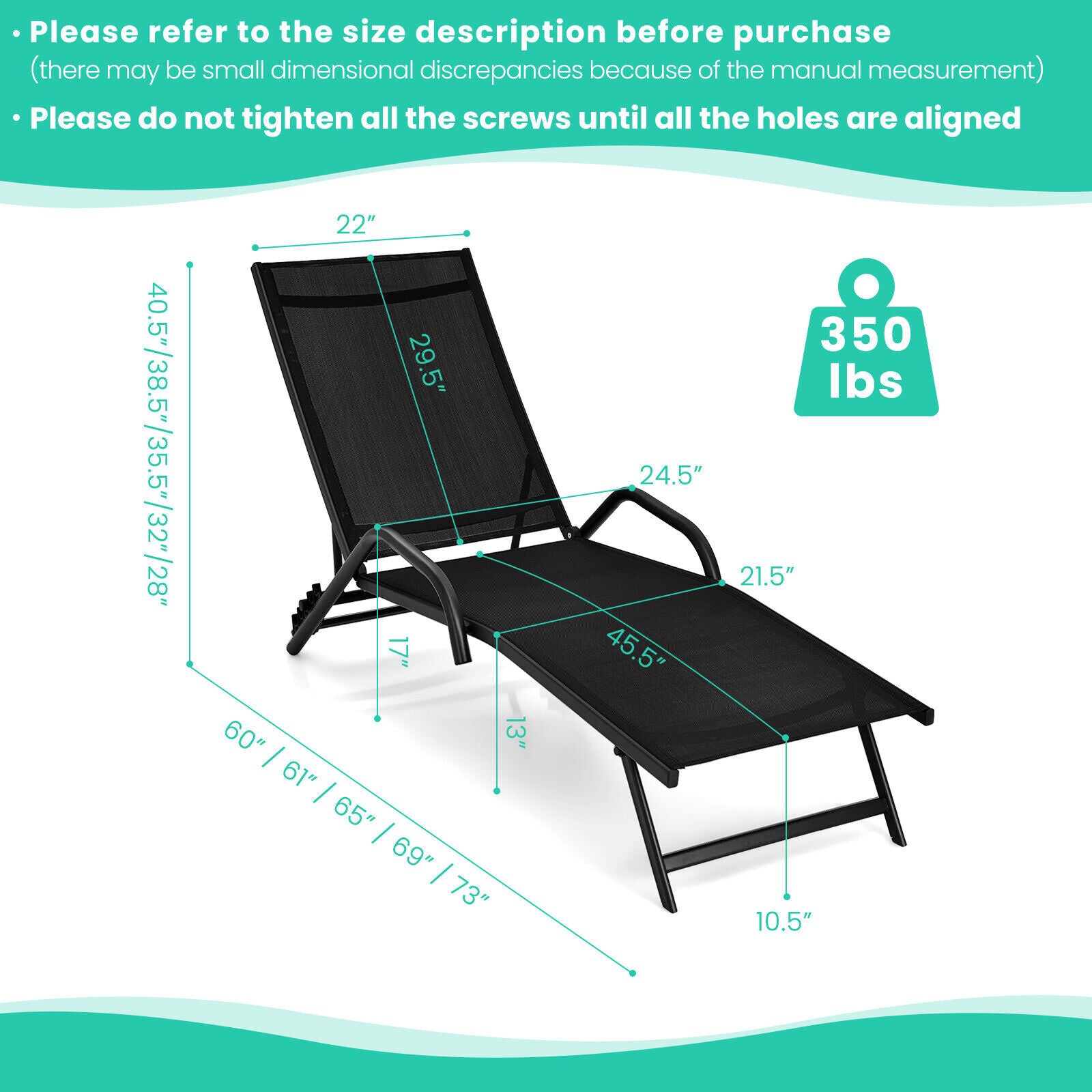 2 Pieces Outdoor Chaise Lounge with 5-Position Adjustable Backrest-Black