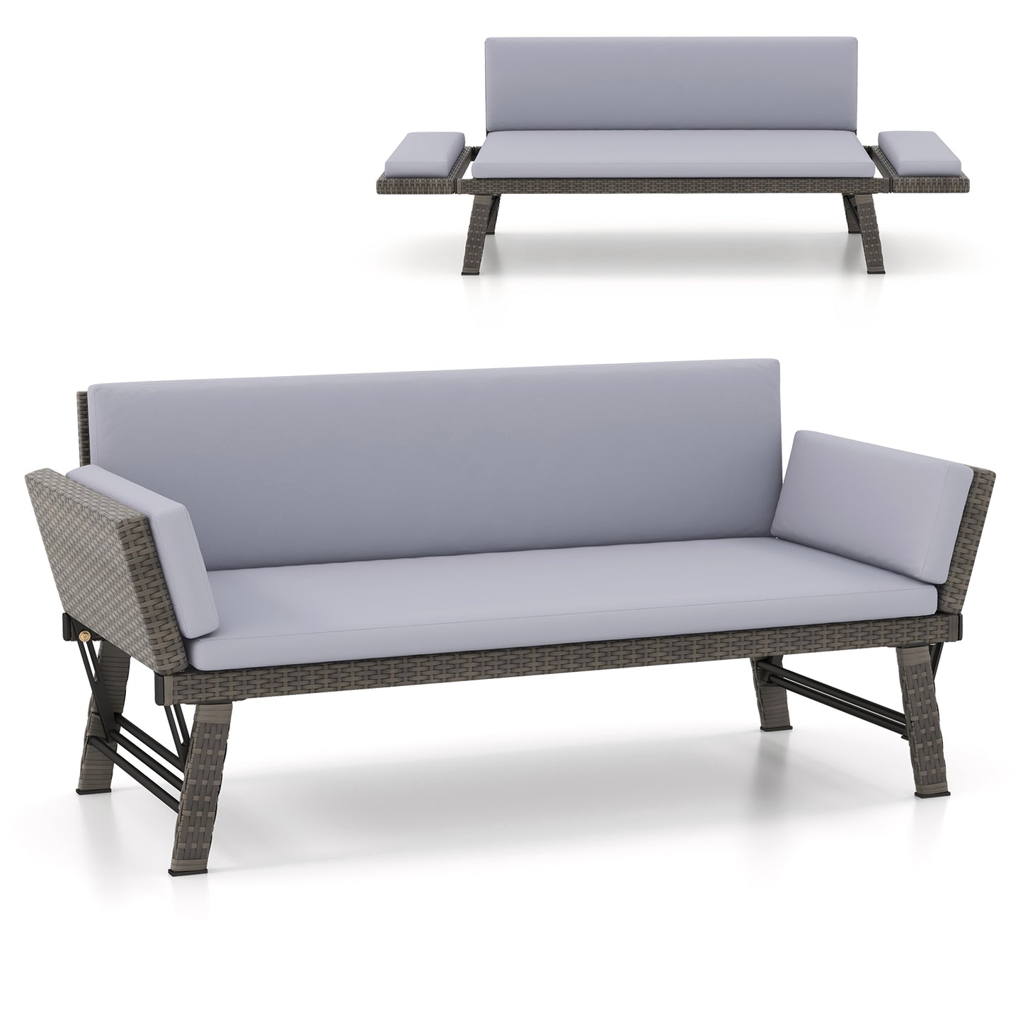 Outdoor Convertible Sofa Daybed with Adjustable Armrests for Balcony-Gray - Gray