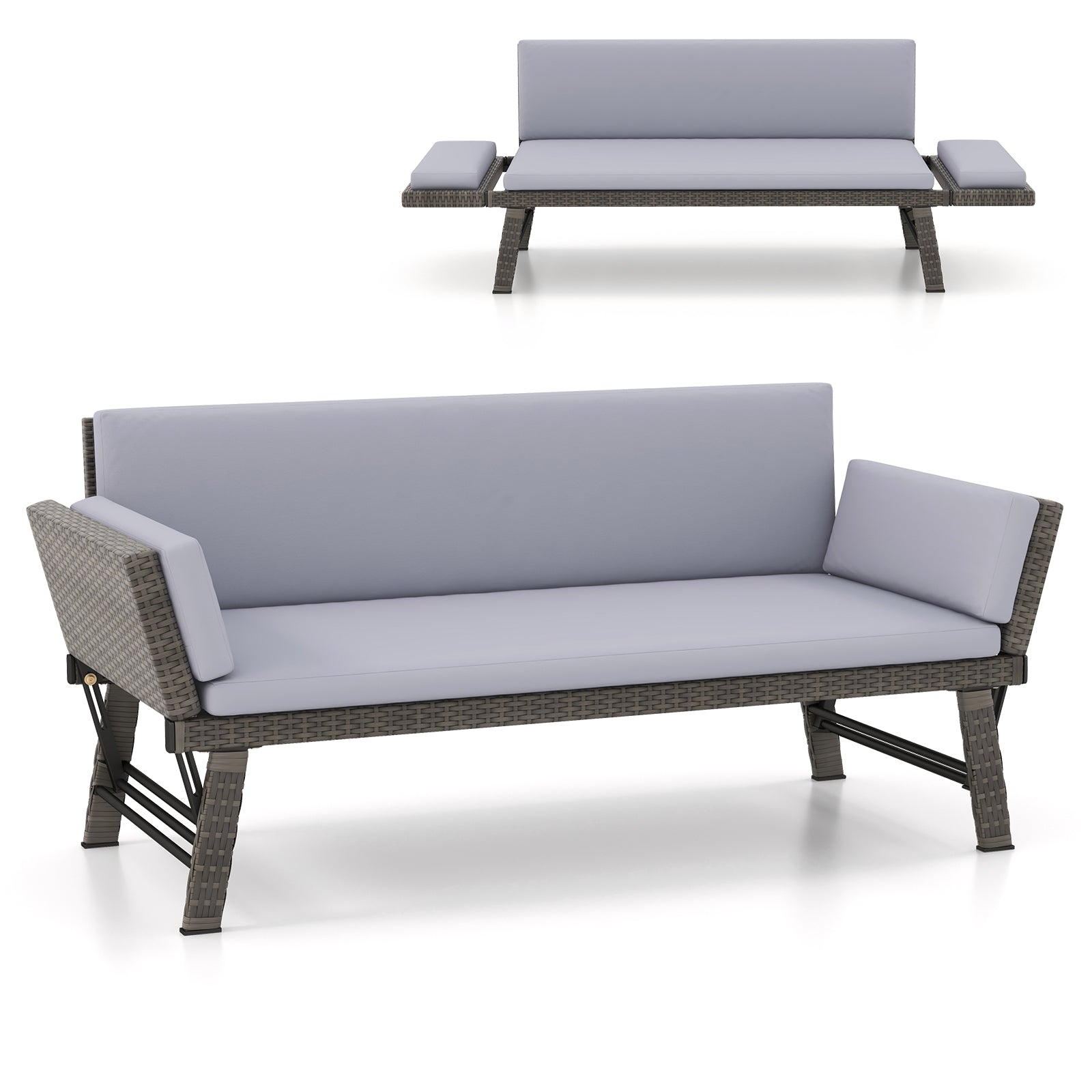 Outdoor Convertible Sofa Daybed with Adjustable Armrests for Balcony-Gray - Gray
