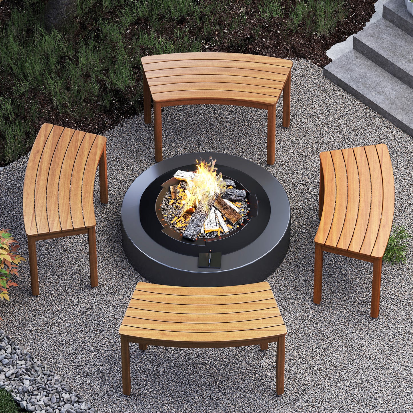 Outdoor Curved Acacia Wood Bench Set of 2/3/4 for Front Porch-4