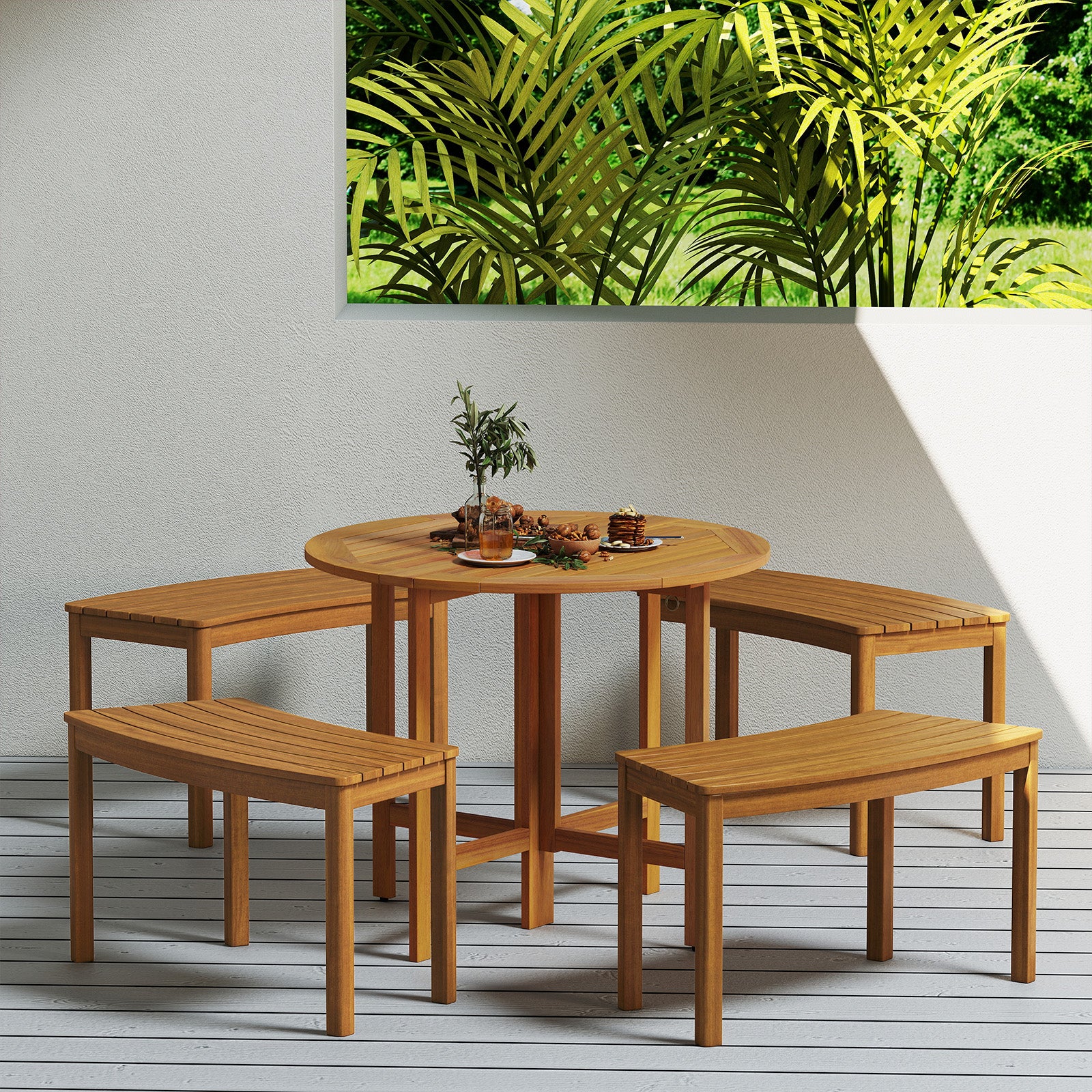 Outdoor Curved Acacia Wood Bench Set of 2/3/4 for Front Porch-4